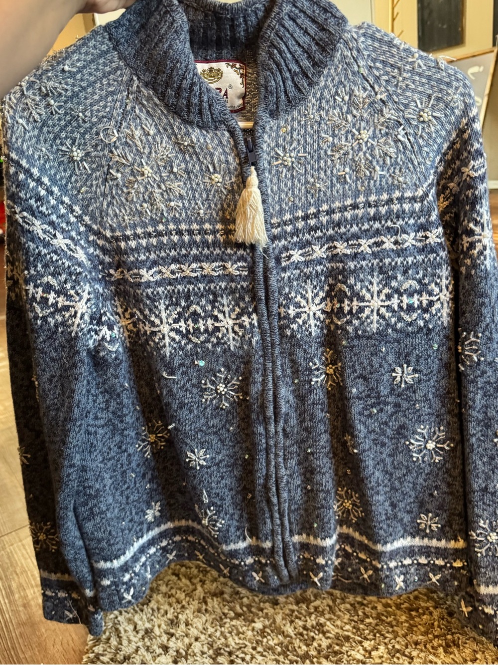 Vintage Blue Snowflake Zip-Up Sweater Jacket